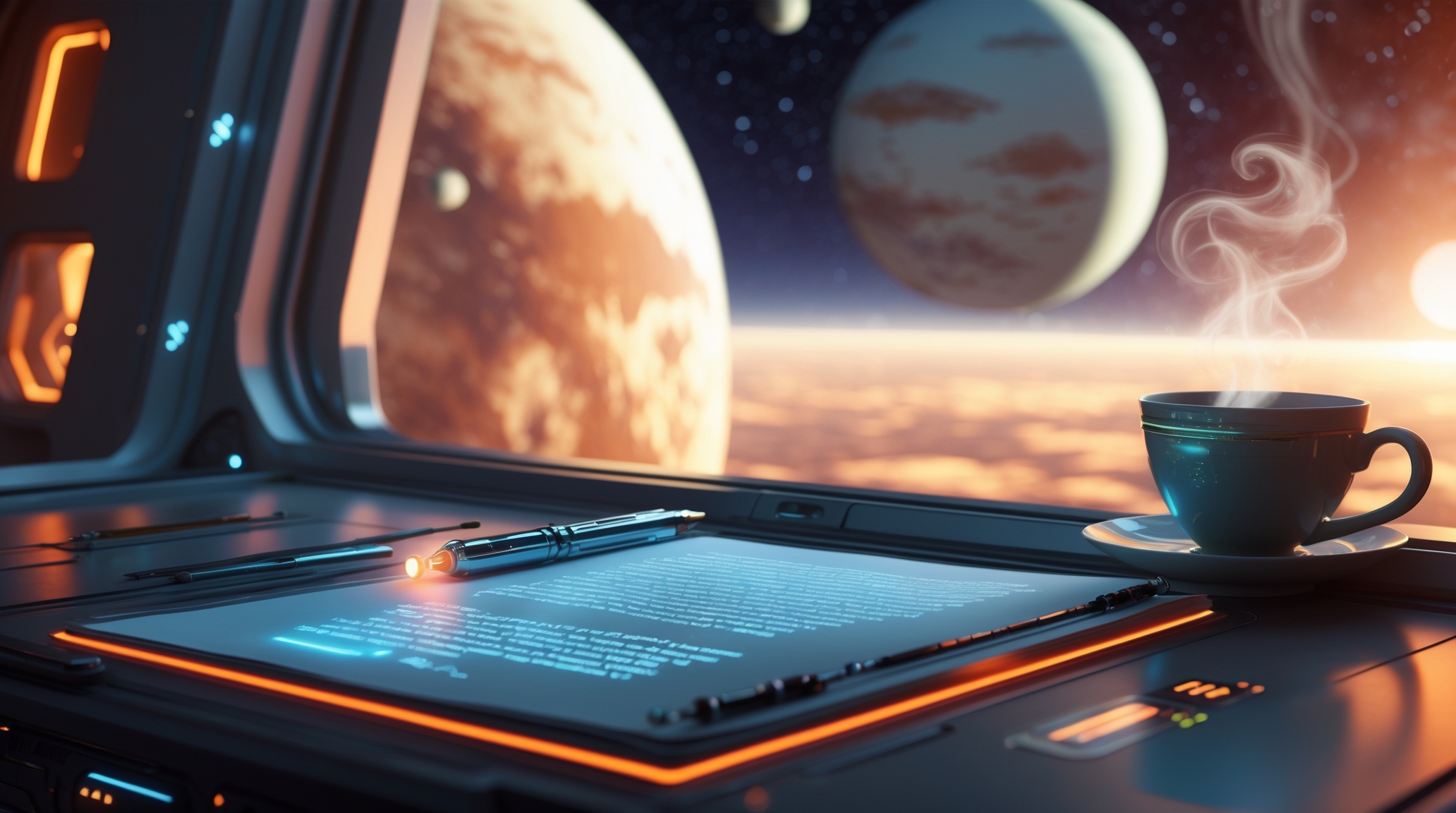 Person writing at a futuristic desk